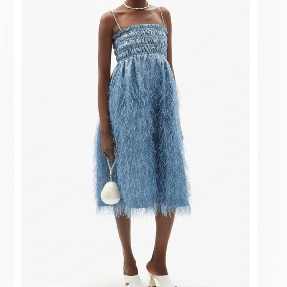 ganni blue feather dress Ganni BLUE FLORAL CRINKLED SATIN LONG DRESS